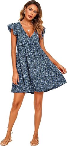 فساتين صيفية نسائية من Chigant فستان سويسري منقط على شكل حرف V وأكمام قصيرة مكشكشة وخصر عالي متدرج على شكل حرف A فستان قصير متأرجح in Kuwait