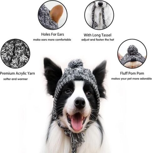 Polar Pom Pom Hat, Warm Pet Dog Knitted Hat,Pet Dog Winter Knitted Hat, Hats for Small Dogs, Winter Dog Hat with Ear Holes and Long Tassel, Grey (Large) in Saudi Arabia