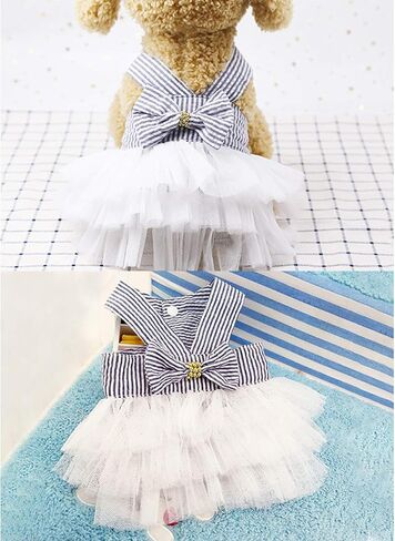 Pet Dog Dress for Girl and Boy Doggy Cats Rabbit Fancy Tutu Adorable Striped Mesh Dress Princess Petite Vest Doggie Bowknot Dresses for Small Dogs Pomeranian Chihuahua Skirt Pet Puppy Supplier(Blue S) in Kuwait