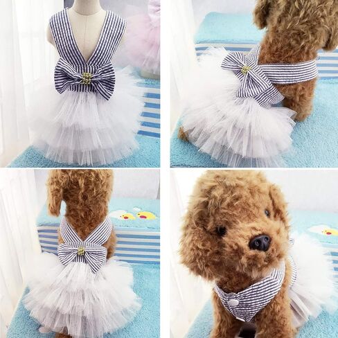 Pet Dog Dress for Girl and Boy Doggy Cats Rabbit Fancy Tutu Adorable Striped Mesh Dress Princess Petite Vest Doggie Bowknot Dresses for Small Dogs Pomeranian Chihuahua Skirt Pet Puppy Supplier(Blue S) in Kuwait