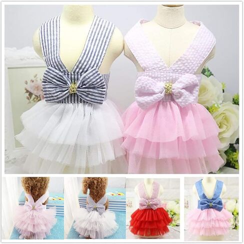 Pet Dog Dress for Girl and Boy Doggy Cats Rabbit Fancy Tutu Adorable Striped Mesh Dress Princess Petite Vest Doggie Bowknot Dresses for Small Dogs Pomeranian Chihuahua Skirt Pet Puppy Supplier(Blue S) in Kuwait