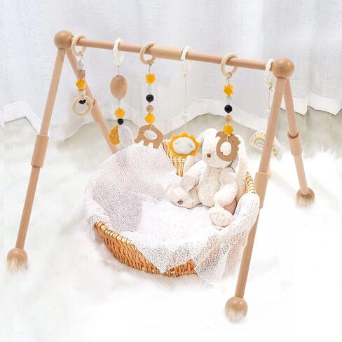 Frogprin Wooden Baby Gym with 6 Hanging Toys, Wooden Play Gym for Babies 0-12 Month, Baby Play Gym Frame Activity Gym Hanging Bar Newborn Gift Baby Girl and Boy Gym (Natural Pine Wood) in Kuwait