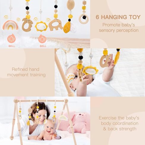 Frogprin Wooden Baby Gym with 6 Hanging Toys, Wooden Play Gym for Babies 0-12 Month, Baby Play Gym Frame Activity Gym Hanging Bar Newborn Gift Baby Girl and Boy Gym (Natural Pine Wood) in Kuwait