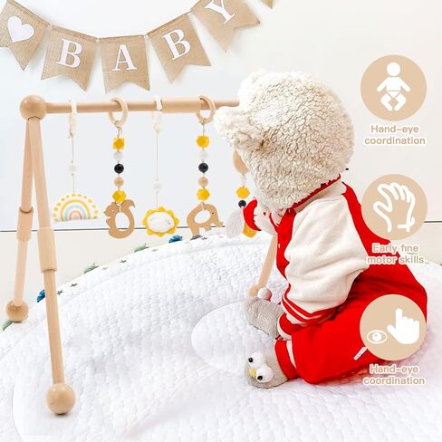 Frogprin Wooden Baby Gym with 6 Hanging Toys, Wooden Play Gym for Babies 0-12 Month, Baby Play Gym Frame Activity Gym Hanging Bar Newborn Gift Baby Girl and Boy Gym (Natural Pine Wood) in Kuwait