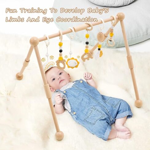 Frogprin Wooden Baby Gym with 6 Hanging Toys, Wooden Play Gym for Babies 0-12 Month, Baby Play Gym Frame Activity Gym Hanging Bar Newborn Gift Baby Girl and Boy Gym (Natural Pine Wood) in Kuwait