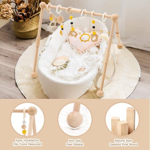 Frogprin Wooden Baby Gym with 6 Hanging Toys, Wooden Play Gym for Babies 0-12 Month, Baby Play Gym Frame Activity Gym Hanging Bar Newborn Gift Baby Girl and Boy Gym (Natural Pine Wood) in Kuwait