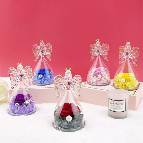هدايا الورد المحفوظة من سونيا لعيد الأم، هدايا الملاك المصنوعة من زجاج الورد الحقيقي مع قلادة للنساء، تماثيل الملائكة هدايا عيد الميلاد مع ضوء LED لعيد الحب وعيد الشكر وعيد الميلاد in Kuwait