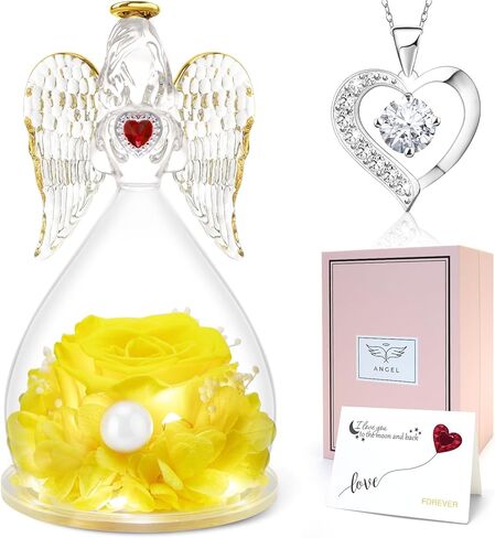 هدايا الورد المحفوظة من سونيا لعيد الأم، هدايا الملاك المصنوعة من زجاج الورد الحقيقي مع قلادة للنساء، تماثيل الملائكة هدايا عيد الميلاد مع ضوء LED لعيد الحب وعيد الشكر وعيد الميلاد in Kuwait