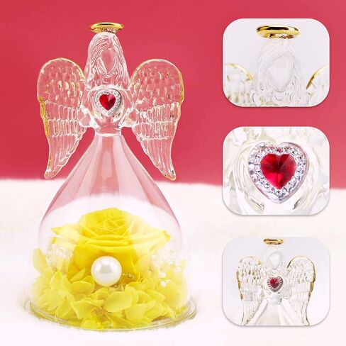 هدايا الورد المحفوظة من سونيا لعيد الأم، هدايا الملاك المصنوعة من زجاج الورد الحقيقي مع قلادة للنساء، تماثيل الملائكة هدايا عيد الميلاد مع ضوء LED لعيد الحب وعيد الشكر وعيد الميلاد in Kuwait