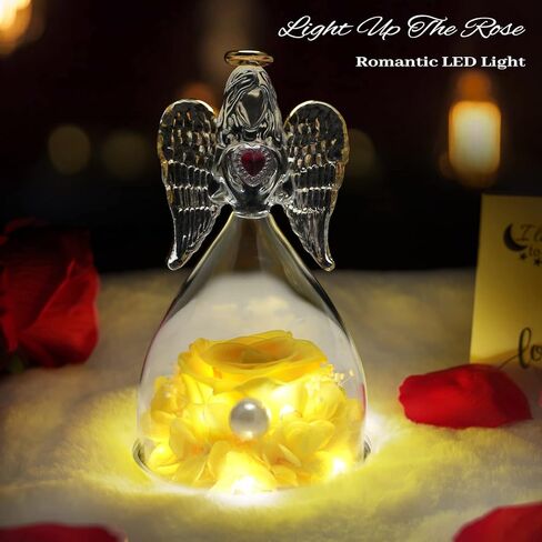 هدايا الورد المحفوظة من سونيا لعيد الأم، هدايا الملاك المصنوعة من زجاج الورد الحقيقي مع قلادة للنساء، تماثيل الملائكة هدايا عيد الميلاد مع ضوء LED لعيد الحب وعيد الشكر وعيد الميلاد in Kuwait