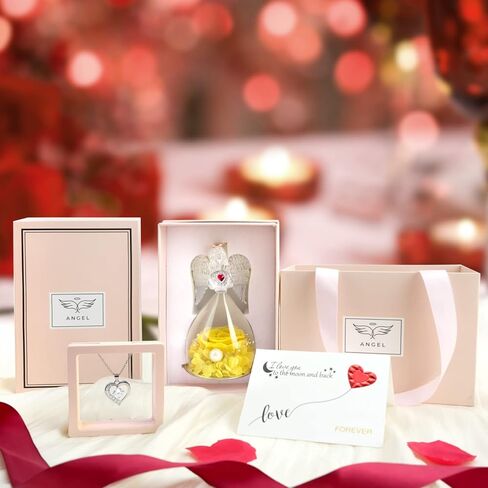 هدايا الورد المحفوظة من سونيا لعيد الأم، هدايا الملاك المصنوعة من زجاج الورد الحقيقي مع قلادة للنساء، تماثيل الملائكة هدايا عيد الميلاد مع ضوء LED لعيد الحب وعيد الشكر وعيد الميلاد in Kuwait