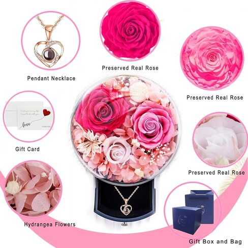 صندوق هدايا الورد الحقيقي الأبدي مع قلادة على شكل قلب، صندوق زهور مسحور للأم والجدة والزوجة والصديقة في عيد الأم وعيد الحب وعيد الميلاد والذكرى السنوية لعيد الميلاد in Kuwait