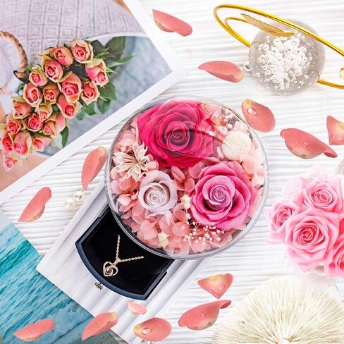 صندوق هدايا الورد الحقيقي الأبدي مع قلادة على شكل قلب، صندوق زهور مسحور للأم والجدة والزوجة والصديقة في عيد الأم وعيد الحب وعيد الميلاد والذكرى السنوية لعيد الميلاد in Kuwait