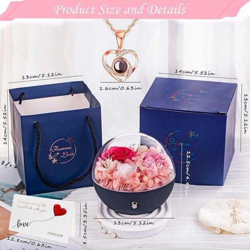صندوق هدايا الورد الحقيقي الأبدي مع قلادة على شكل قلب، صندوق زهور مسحور للأم والجدة والزوجة والصديقة في عيد الأم وعيد الحب وعيد الميلاد والذكرى السنوية لعيد الميلاد in Kuwait