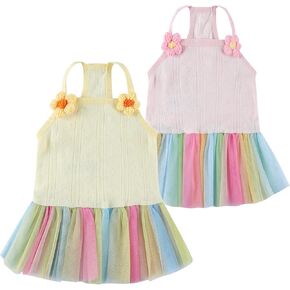 قطعتان من فساتين القطن الصيفية للكلاب فستان الشمس مع قوس قزح تول الجرو تنورة الشاطئ توتو لأعياد الميلاد وحفلات الزفاف وحفلات حمام السباحة والتصوير الفوتوغرافي (وردي أصفر، XL) in Kuwait