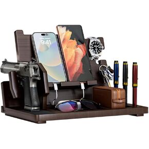 LMDGDS Wood Gun Rack Phone Docking Station, Nightstand Charging Organizer with Pistol Rack for Gun Safe, Key Holder Watch Wallet Stand Birthday Gift for Him Men Husband Dad Boyfriend in Saudi Arabia