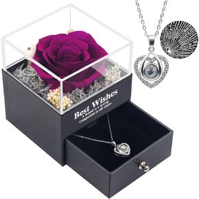 Preserved Purple Real Rose with I Love You Necklace in 100 Languages-Eternal Flowers Rose Gifts for Mom Wife Girlfriend Her on Anniversary Mothers Day Valentines Day Christmas Birthday Gifts for Women