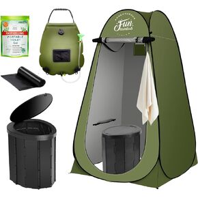مجموعة خيمة استحمام تعمل بالطاقة الشمسية من فن اسينشالز مع مرحاض محمول، 5 قطع، خيمة خصوصية منبثقة، مرحاض قابل للطي XL، شنطة استحمام 5 جالون، 10 عبوات جل للنفايات السائلة، 12 كيس للمرحاض، للتخييم، سهلة in Kuwait