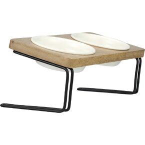 Neater Pets Elevated Pet Bowls for Cats and Small Dogs, Raised Feeding Dishes with 15° Titled Angle, Mango Wood Stand with Metal Frame and Two Bowls for Food & Water (Stainless Steel Bowls)