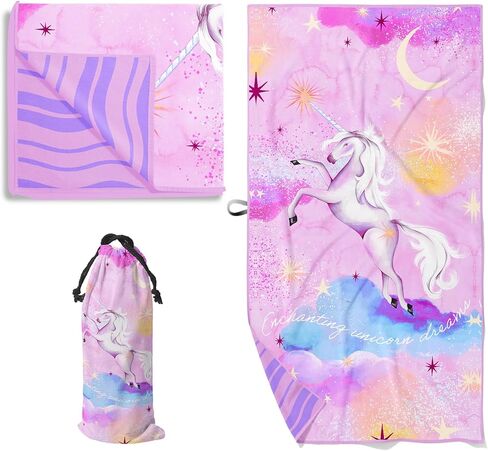 PRIS+SAND Unicorn Quick Dry Beach Towel & Pouch for Kids | Sandproof, Compact Microfiber Towels | Pink - 30" x 60" | Gift for Boys, Girls in Saudi Arabia
