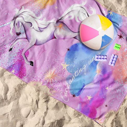 PRIS+SAND Unicorn Quick Dry Beach Towel & Pouch for Kids | Sandproof, Compact Microfiber Towels | Pink - 30" x 60" | Gift for Boys, Girls in Saudi Arabia