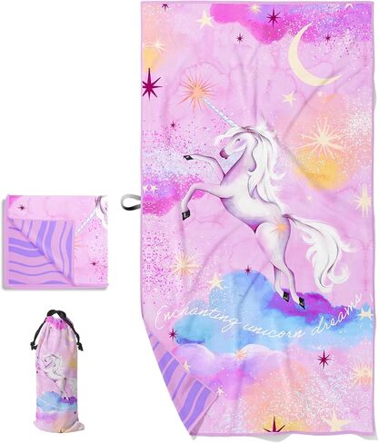PRIS+SAND Unicorn Quick Dry Beach Towel & Pouch for Kids | Sandproof, Compact Microfiber Towels | Pink - 30" x 60" | Gift for Boys, Girls in Saudi Arabia