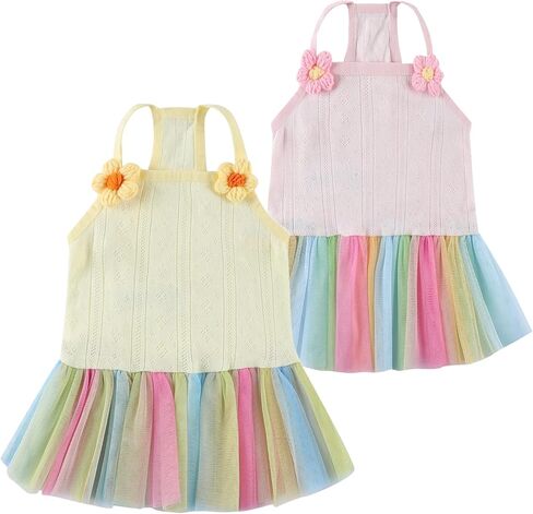 قطعتان من فساتين القطن الصيفية للكلاب فستان الشمس مع قوس قزح تول الجرو تنورة الشاطئ توتو لأعياد الميلاد وحفلات الزفاف وحفلات حمام السباحة والتصوير الفوتوغرافي (وردي أصفر، XL) in Kuwait