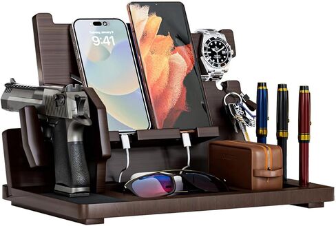 محطة إرساء الهاتف من LMDGDS Wood Gun Rack، منظم شحن منضدة مع حامل مسدس لآمن البندقية، حامل مفاتيح وساعة محفظة وحامل هدية عيد ميلاد للرجال والزوج والأب والصديق in Saudi Arabia