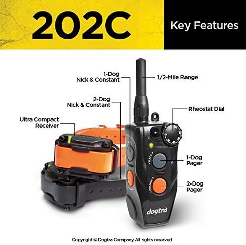 Dogtra 202C Remote Training E-Collar - 1/2 Mile Range - 2-Dogs System, Static, Vibration, Medium Output, Adjustable Levels, Waterproof, Electric Dog Collar for Basic Training of Small, Medium Dogs in Saudi Arabia