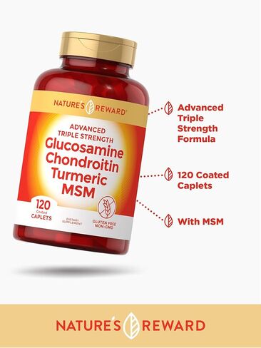 Nature's Reward الجلوكوزامين كوندرويتين قوة ثلاثية - 120 قطعة - مع البوسويليا وميثيل سلفونيل ميثان والكركم - مكمل غير معدل وراثيًا وخالي من الغلوتين in Kuwait