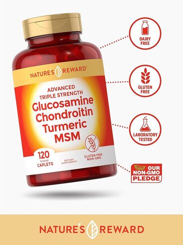 Nature's Reward الجلوكوزامين كوندرويتين قوة ثلاثية - 120 قطعة - مع البوسويليا وميثيل سلفونيل ميثان والكركم - مكمل غير معدل وراثيًا وخالي من الغلوتين in Kuwait