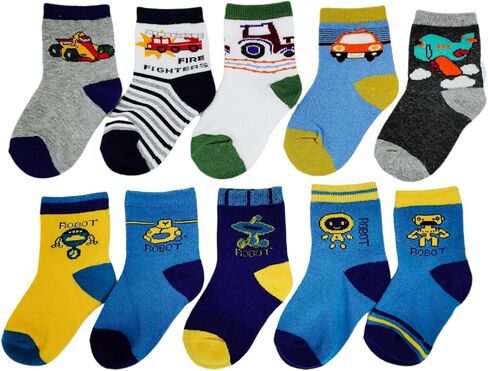 10 ازواج من الجوارب القطنية للاطفال الاولاد الصغار لسن 1-2 سنوات، جوارب روبوت للاطفال القطارات والشاحنات والسيارات، جوارب اطفال مبتكرة in Kuwait