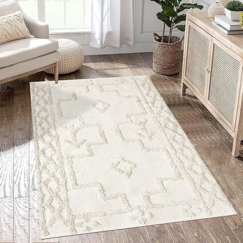 سجادة حمام Uphome Boho مقاس 2 × 3 بوصات سجاد مغربي معنقدة صغيرة مع شرابات من القطن المزرعة منسوجة قابلة للغسل سجادة لغرفة النوم وغرفة المعيشة والمطبخ، بيج in Kuwait