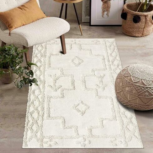 سجادة حمام Uphome Boho مقاس 2 × 3 بوصات سجاد مغربي معنقدة صغيرة مع شرابات من القطن المزرعة منسوجة قابلة للغسل سجادة لغرفة النوم وغرفة المعيشة والمطبخ، بيج in Kuwait