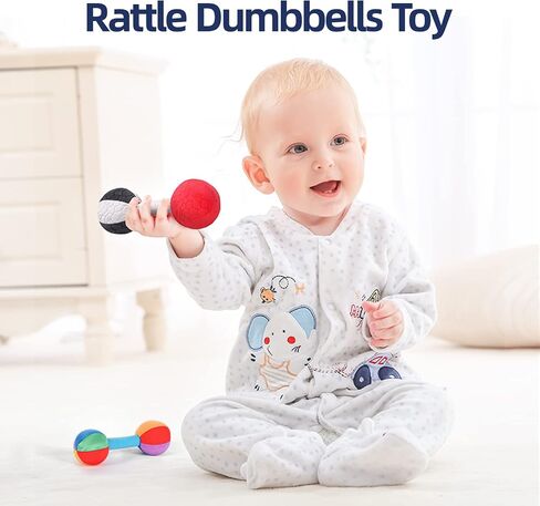 Jollybaby Soft Plush Stuffed Baby Dumbbell Rattle Toys for 0-3-6 Months Newborn, High Contrast Colorful Sensory Rattles Weights Toys for Infant Baby 0-3 Months, Funny Baby Boy Girls Shower Gifts in Saudi Arabia