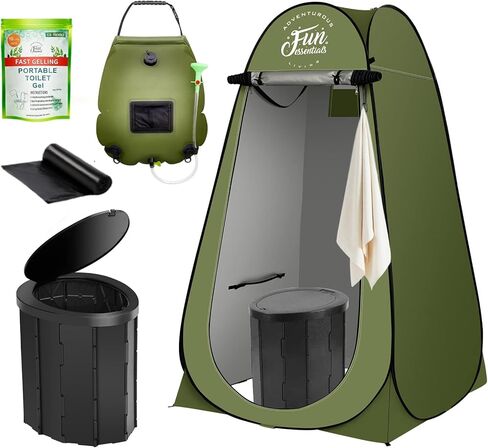 مجموعة خيمة استحمام تعمل بالطاقة الشمسية من فن اسينشالز مع مرحاض محمول، 5 قطع، خيمة خصوصية منبثقة، مرحاض قابل للطي XL، شنطة استحمام 5 جالون، 10 عبوات جل للنفايات السائلة، 12 كيس للمرحاض، للتخييم، سهلة in Kuwait