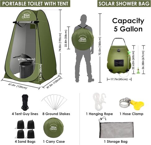 مجموعة خيمة استحمام تعمل بالطاقة الشمسية من فن اسينشالز مع مرحاض محمول، 5 قطع، خيمة خصوصية منبثقة، مرحاض قابل للطي XL، شنطة استحمام 5 جالون، 10 عبوات جل للنفايات السائلة، 12 كيس للمرحاض، للتخييم، سهلة in Kuwait
