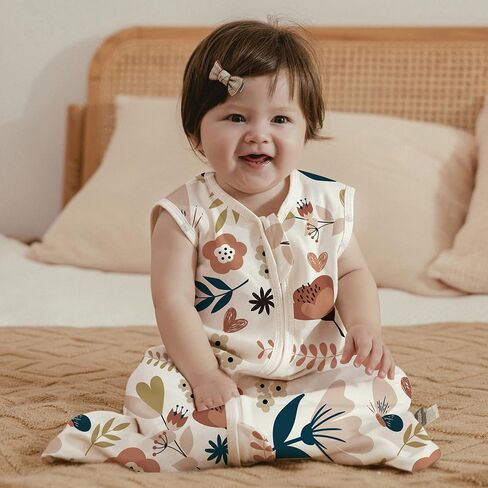 بطانية نوم للأطفال من HOUSBAY قابلة للارتداء مصنوعة من القطن بنسبة 100%، عبوة واحدة من كيس قماط للأطفال الصغار للجنسين 0.5 TOG مع سحاب ثنائي الاتجاه (زهرة، مقاس M) in Kuwait