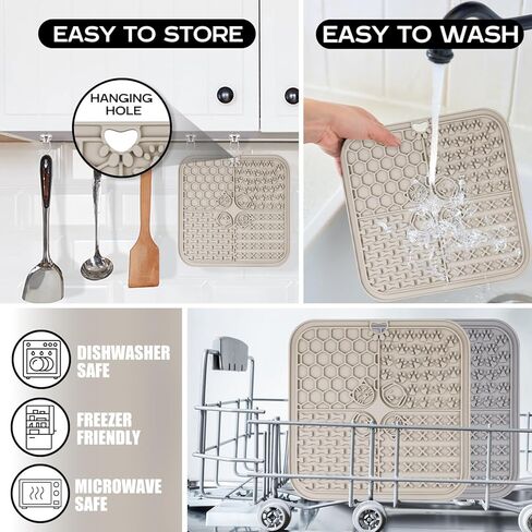 Lick Mats for Dog & Cat, Slow Feeders Cat Bowl with Suction Cups, Anxiety Relief & Boredom Reducer, Enrichment Toys for Peanut Butter Treats Yogurt Bathing Grooming (Beige+Grey) in Kuwait