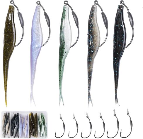 Fishing Bait Soft Plastic Lures, Weighted Hooks & Minnow Lures | 30/50 Pcs Salty Split Tail Jerk Shad Lures, 10 Pack Weedless Swimbait Hooks & 40-Piece Set Options for Bass Fishing in Saudi Arabia