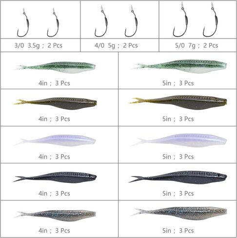 Fishing Bait Soft Plastic Lures, Weighted Hooks & Minnow Lures | 30/50 Pcs Salty Split Tail Jerk Shad Lures, 10 Pack Weedless Swimbait Hooks & 40-Piece Set Options for Bass Fishing in Saudi Arabia