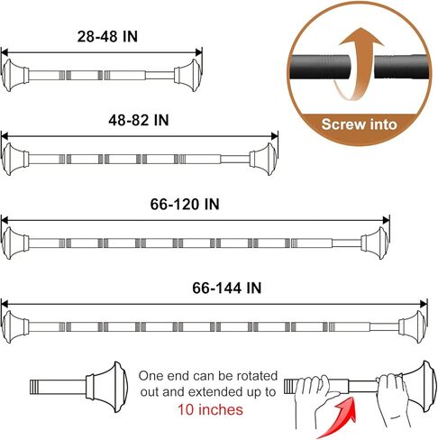قضبان ستارة سوداء مقاس 1 انش للنوافذ من 66 الى 144 انش، مجموعة قضبان ستائر طويلة للغاية، 72-144 انش، قضيب ستارة معدني مفرد مزخرف مع دعامات (5.5-12 قدم) in Kuwait