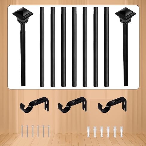 قضبان ستارة سوداء مقاس 1 انش للنوافذ من 66 الى 144 انش، مجموعة قضبان ستائر طويلة للغاية، 72-144 انش، قضيب ستارة معدني مفرد مزخرف مع دعامات (5.5-12 قدم) in Kuwait