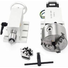 CNCTOPBAOS Engraving Machine Rotary 4th Axis,CNC Router Rotational Fourth A Axis,K12-100mm 4 Jaw Chuck Dividing Head,No Backlash Gapless Harmonic Gearbox Ratio 50:1+Nema23 Motor+65mm Tailstock