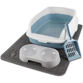 Cat Litter Box with Lid for Kitten Under 6 Months, 4 PCS Low Entry Kitty Starter Kit with High Sided Shield Cover, Kitty Supplies Includes Litter Mat, Poop Scooper, Feeding Bowl, Small Blue in Kuwait