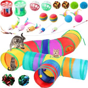 22 Pieces Cat Toys Set, with 2 Collapsible Cat Tunnels for Indoor Cats and 20 Kitten Toys Cat Tubes and Tunnels Interactive Cat Feather Toy Mouse Crinkle Balls for Cats Puppies (Black, Blue)