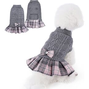 WOYYHO Dog Sweater Dress with Plaid Bowtie Pleated Skirt Dog Sweaters with Leash Hole Turtleneck Dog Pullover Knitwear Puppy Sweater Winter Dog Clothes for Small Medium Dogs Girls Female (Red S)