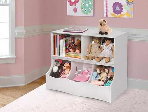 Badger Basket Multi-Bin Storage Cubby for Kids - Toy Organizer with 3 Cubbies, 2 Open Shelves, Display Top for Playroom or Bedroom - Storage Unit for Toys, Books & More - White in Saudi Arabia