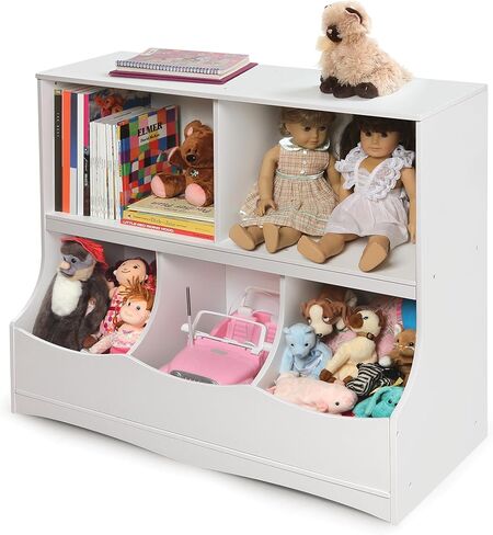 Badger Basket Multi-Bin Storage Cubby for Kids - Toy Organizer with 3 Cubbies, 2 Open Shelves, Display Top for Playroom or Bedroom - Storage Unit for Toys, Books & More - White in Saudi Arabia
