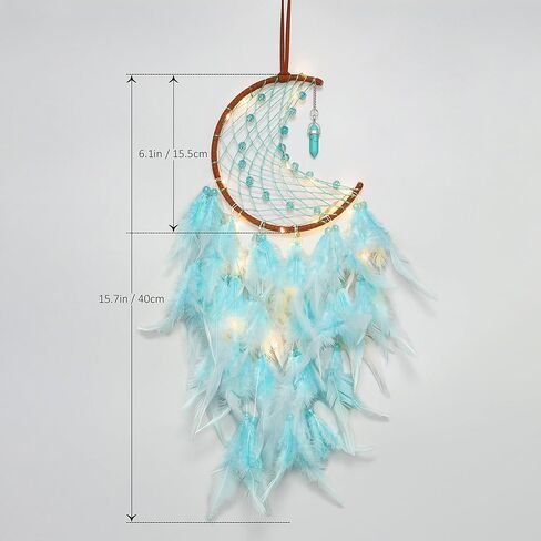 Dremisland Moon Dream Catcher with Fairy Lights-Handmade Feather Lucky Turquoise Pendant Beads Wall Hanging Ornament for Kids Bedroom Home Decoration,Art Craft Gift. (Sky Blue) in Saudi Arabia